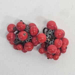 Vintage Red Givre Glass Cluster Screw Back Earrings from Japan